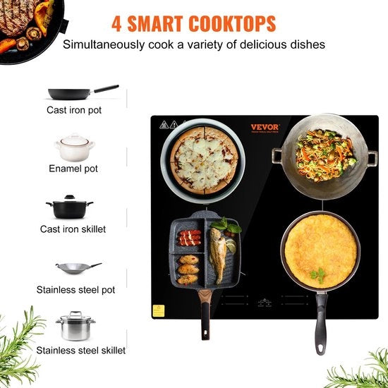 Induttore Cottura - 6800W - 4 Zone Cottura - Touchscreen con 9 Nivele di Riscaldamento - Adatto per Cucine Professional e Familiari - Senza Fiamma - Nero