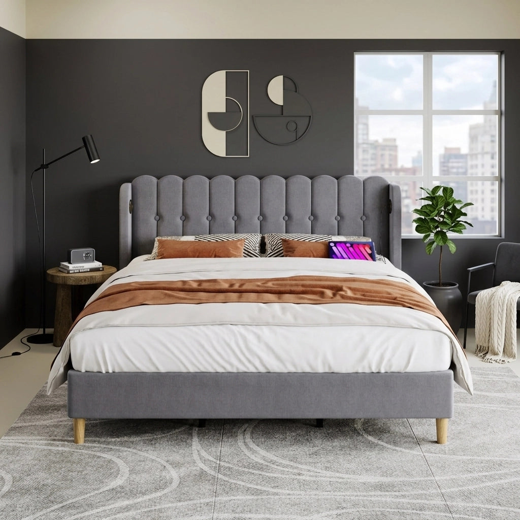Letto matrimoniale imbottito 180x200 cm grigio con USB e Type-C