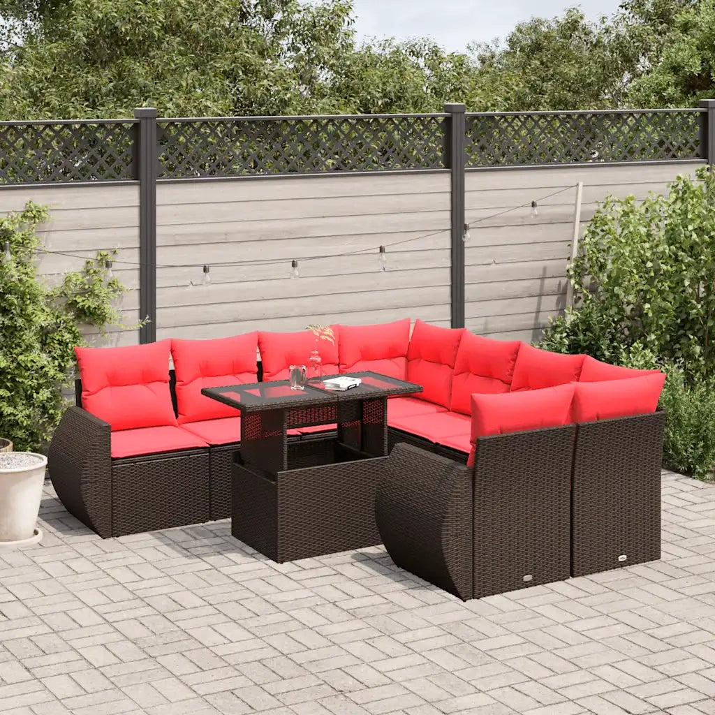 Set Divani da Giardino 9 pz con Cuscini Marrone in Polyrattan 3268434