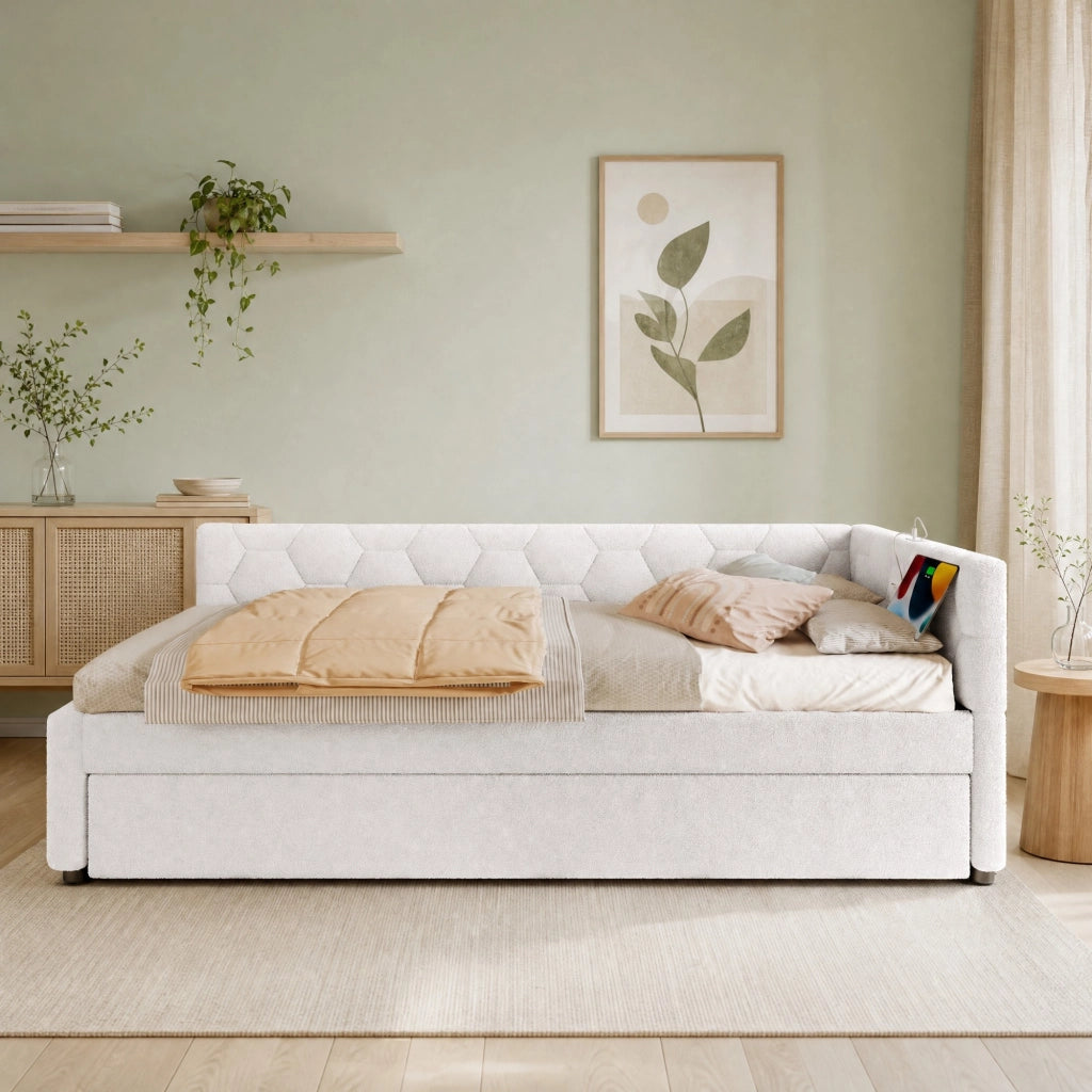 LETTO Giorno 90x200 cm in Bouclé Bianco con letto estraibile, USB e Tipo-C