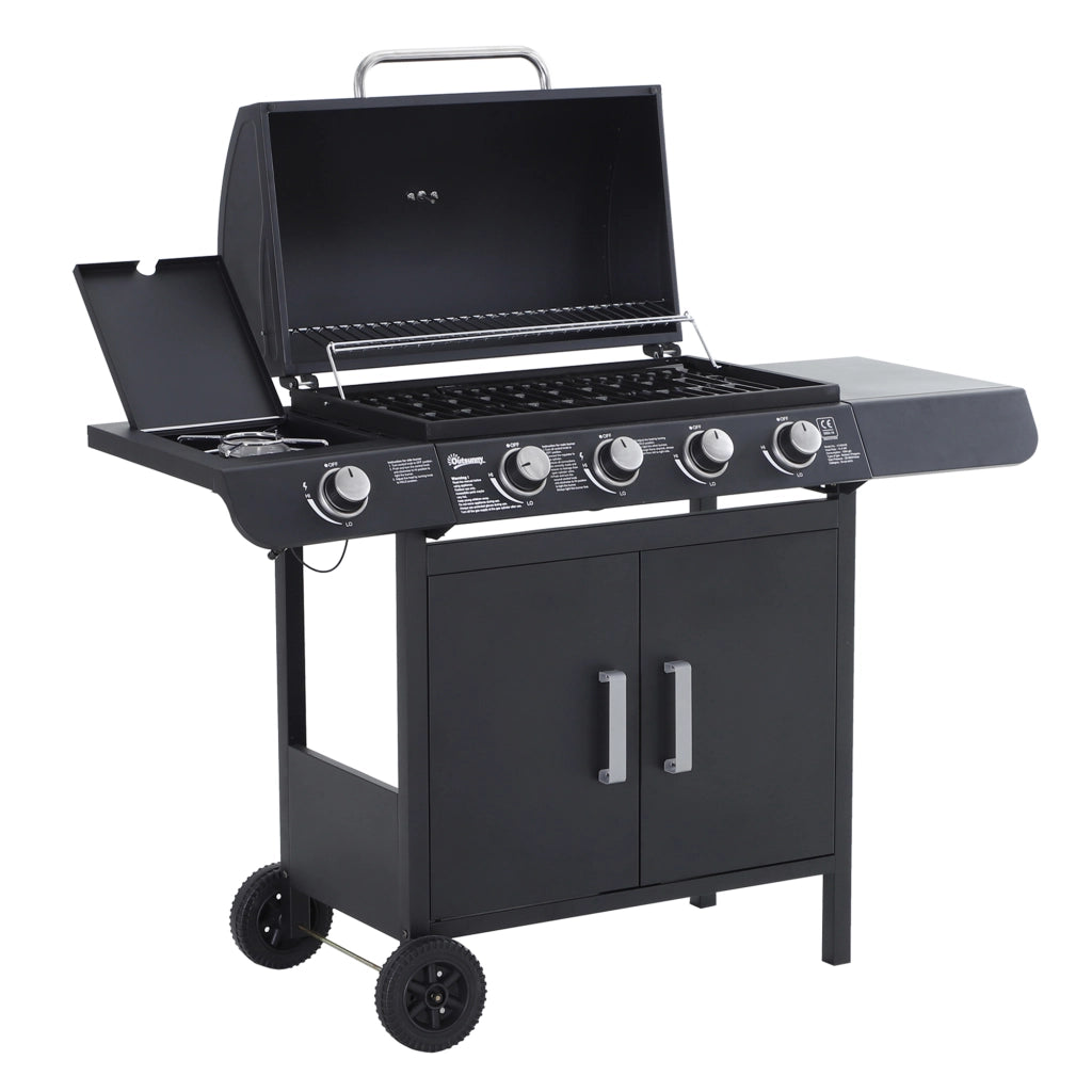 Barbecue a Gas a 5 Fornelli con Ripiani Laterali e Armadietto, in Acciaio e PP, 125x51x100 cm, Nero