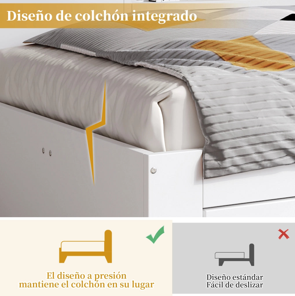 Letto singolo 140x190 cm con cassetti e armadi, bianco