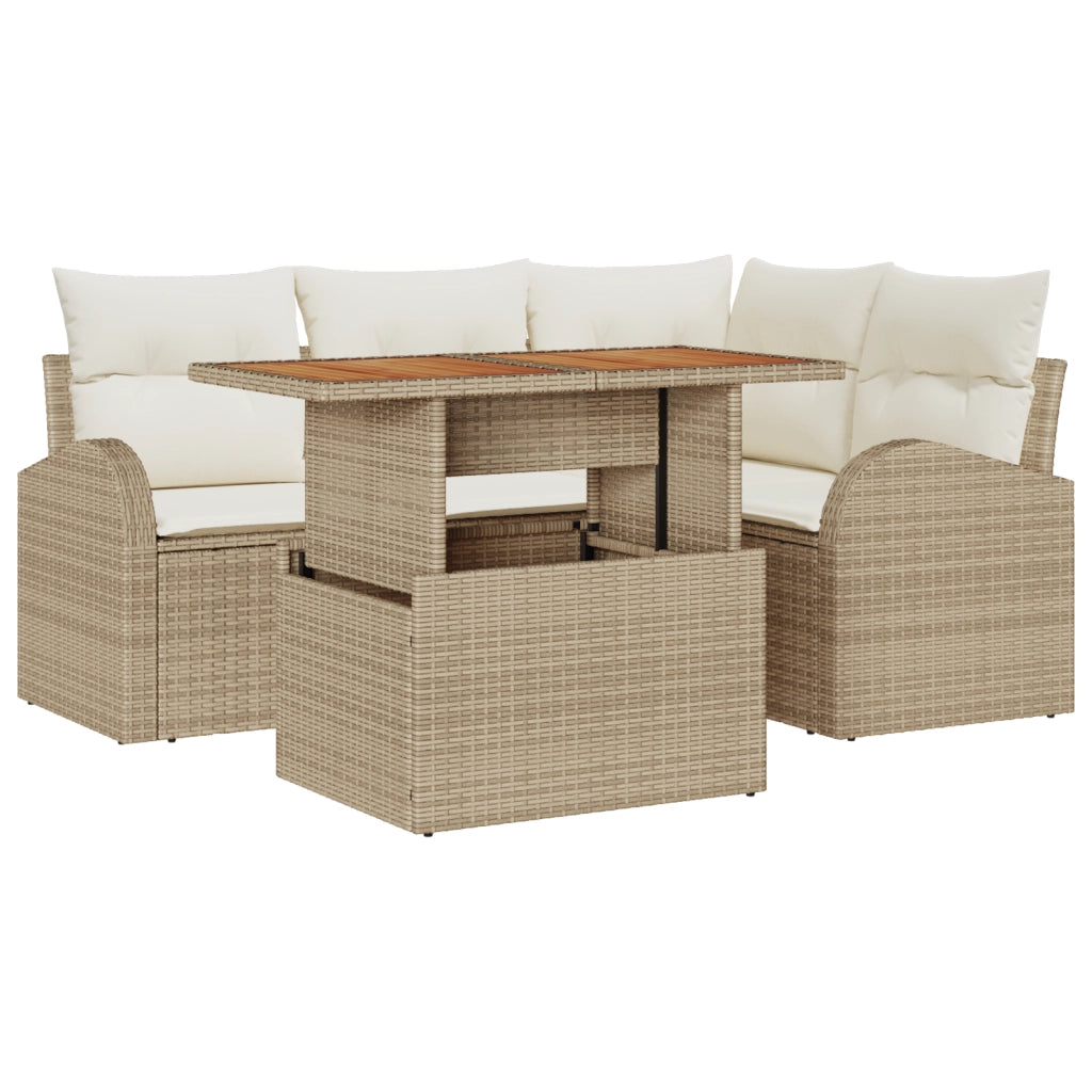 Set Divano da Giardino  5 Pezzi con Cuscini Beige Polyrattan