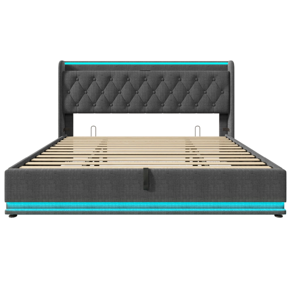 Letto Contenitore 180x200 cm; Letto Matrimoniale - LED; USB e Type-C - in Lino - Grigio