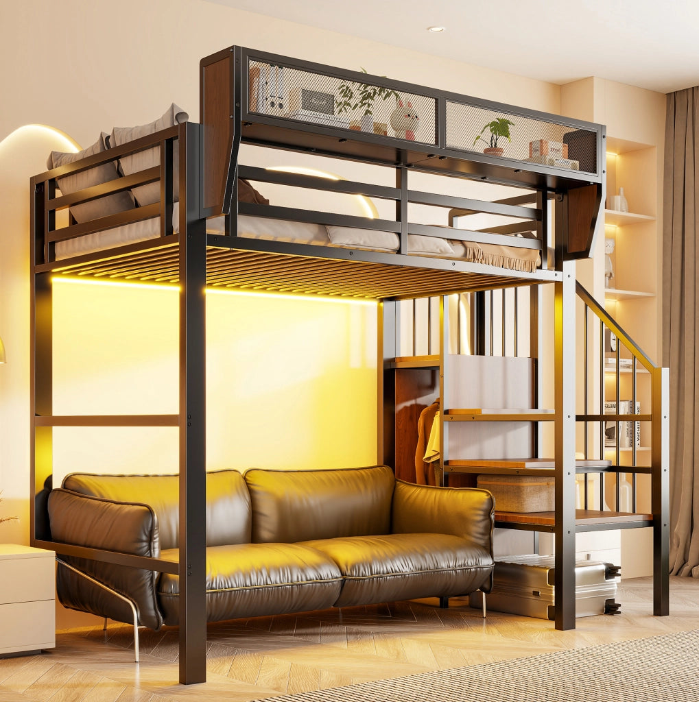 Letto a soppalco 90 x 200 cm nero con LED, scala e ripiani