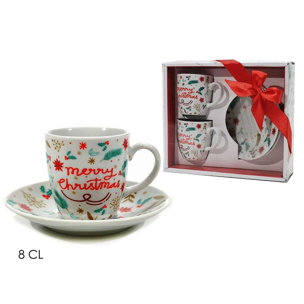 Trade Shop - Set 2pz Tazzine Da Caffè Da 8 Cl Bianche Con Piattino In Ceramica Con Decoro Natalizio -