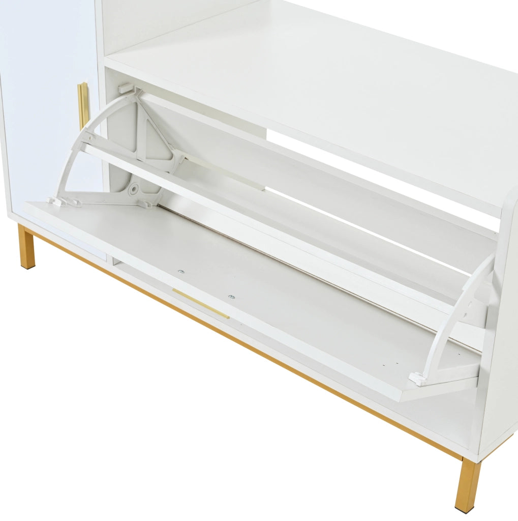Panca scarpiera 100x38x68 cm con seduta imbottita e ante a ribalta in truciolato e metallo bianco e oro