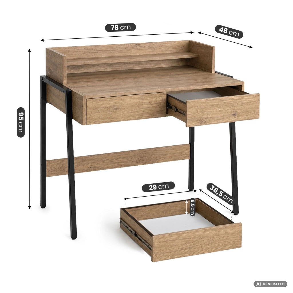 Scrivania industriale per computer Rovere Artisan FLUX 78 cm 2 cassetti 1 ripiano gambe nere