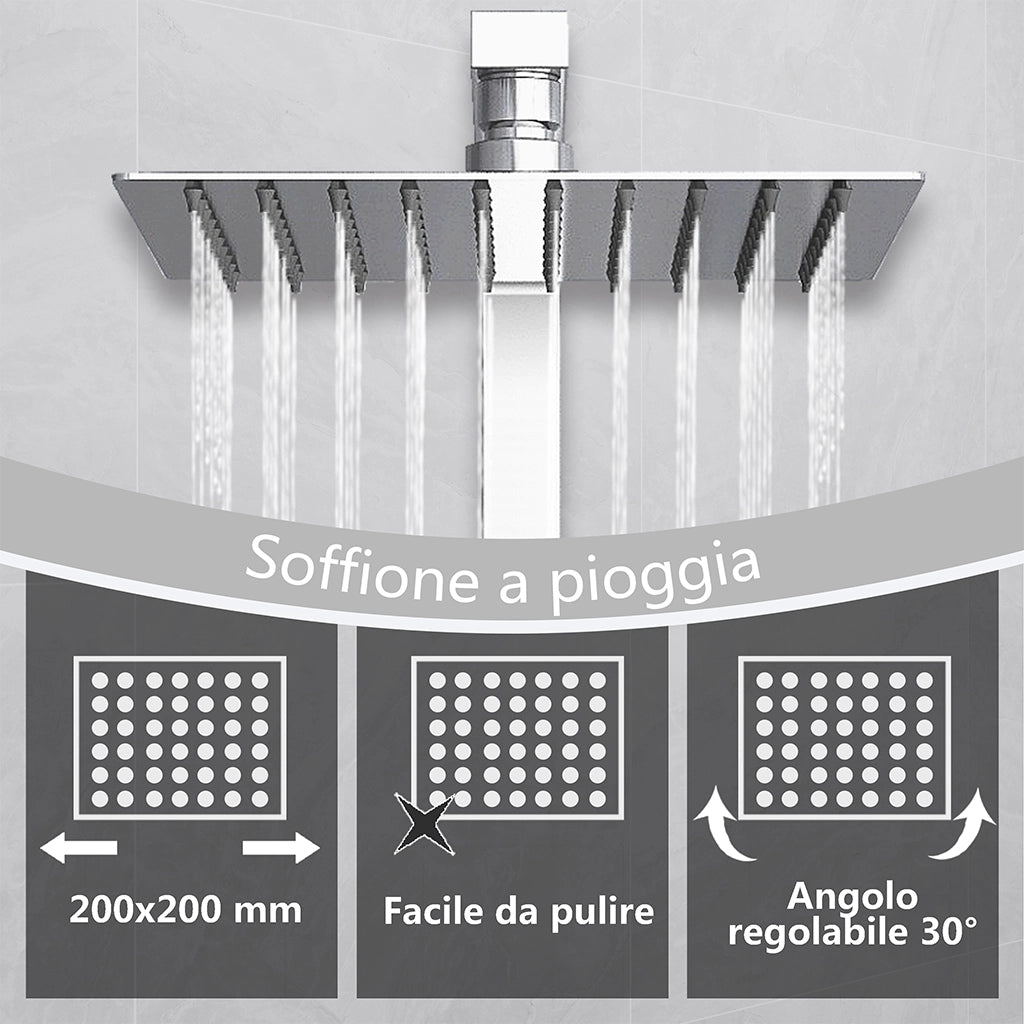 Kit doccia con miscelatore termostatico, soffione quadrato 20x20cm, doccetta quadrata 22x6.4cm, colonna doccia regolabile 73-115cm, cromo