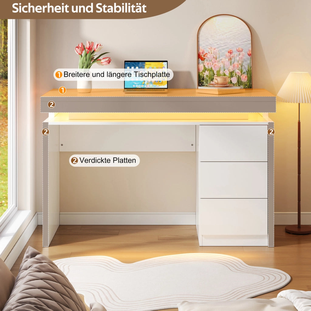 Scrivania LED 120x50x78;5 cm con 3 cassetti; MDF bianco opaco