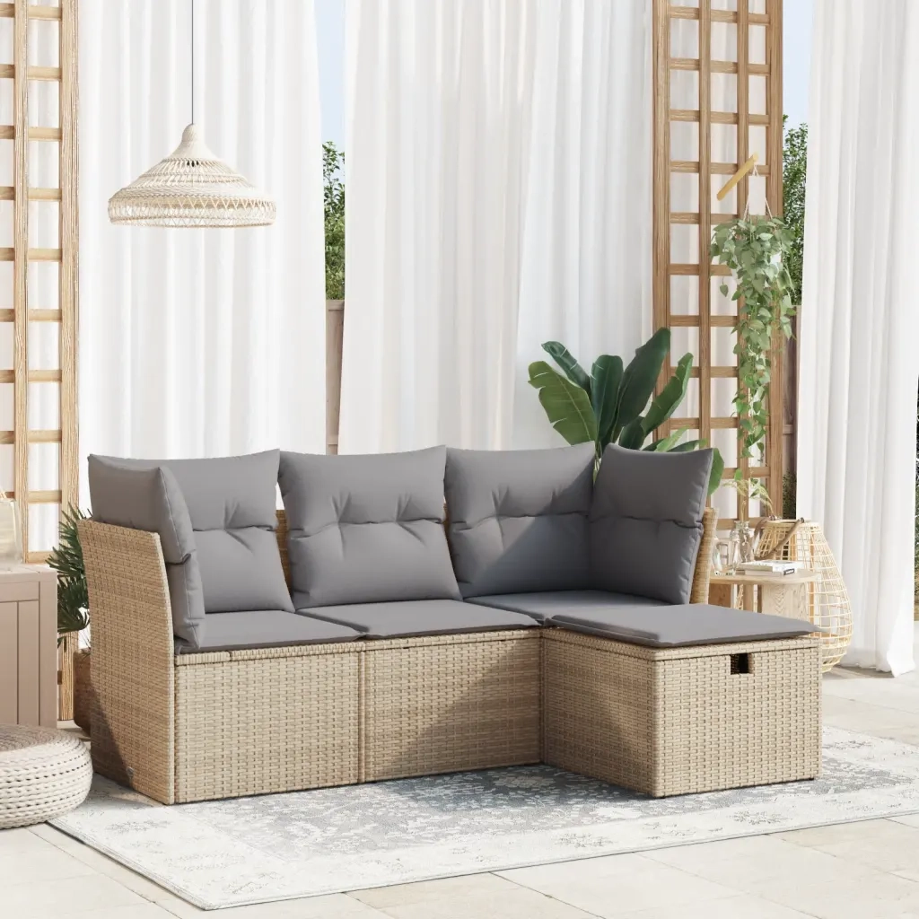 Set Divano da Giardino 4 pz | Set Salotto da Giardino con Cuscini Beige in Polyrattan
