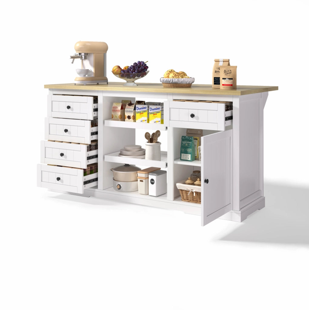 Isola cucina freestanding 150x65x75;5 cm bianco naturale con 5 cassetti e prese