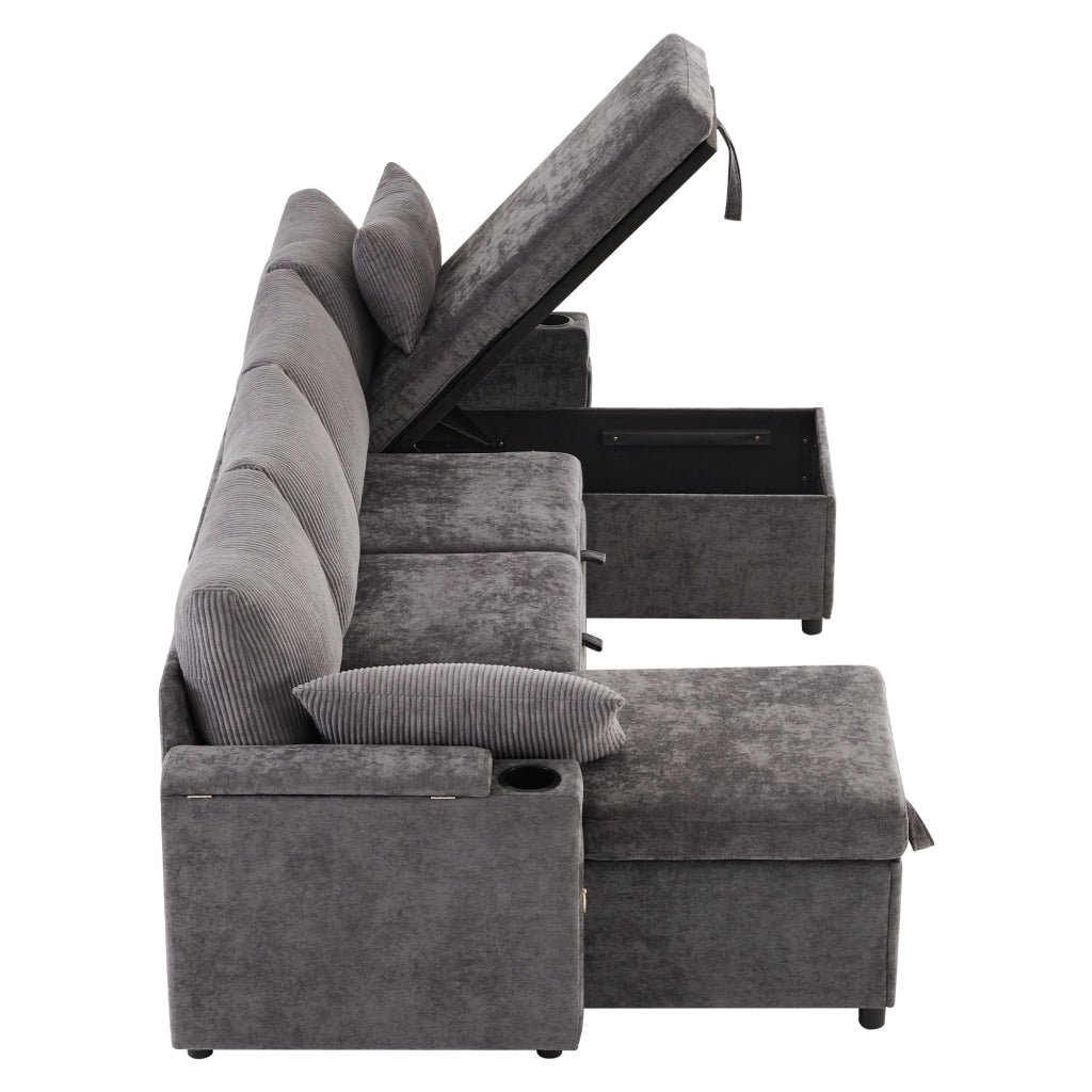 Divano letto angolare U 4 posti con cassetti ¨C MINIMAL ¨C grigio, cuscini inclusi