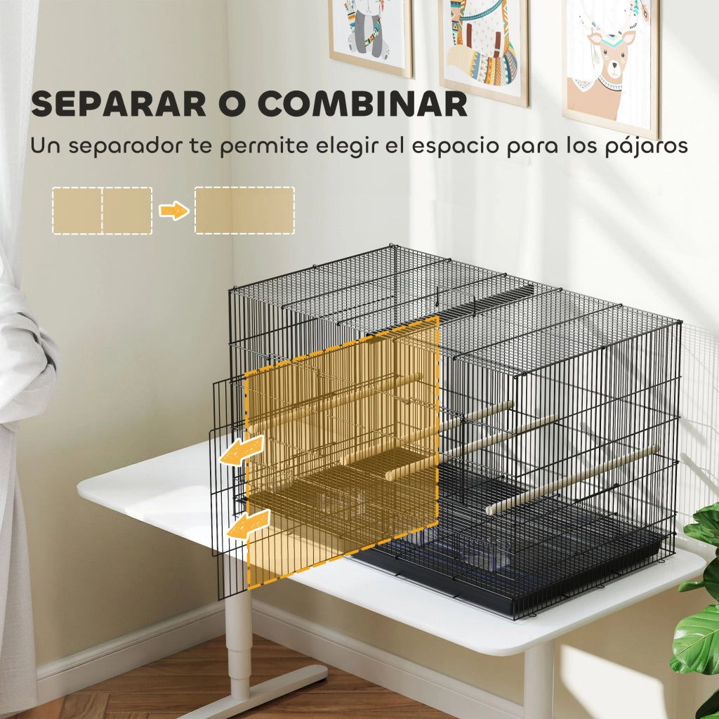 Gabbia per Uccelli con Divisore 4 Mangiatoie 4 Posatoi Vassoio Estraibile ¨C zephmum ¨C Nero 94x57x57 cm