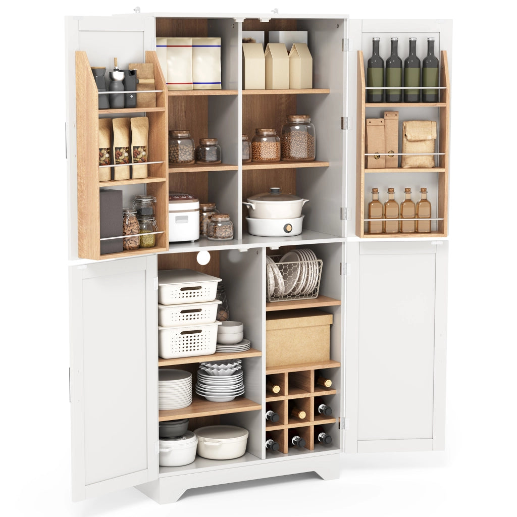 Mobile contenitore cucina alto 80×40×180 cm, 4 ante stile granaio, portabottiglie, MDF bianco/naturale