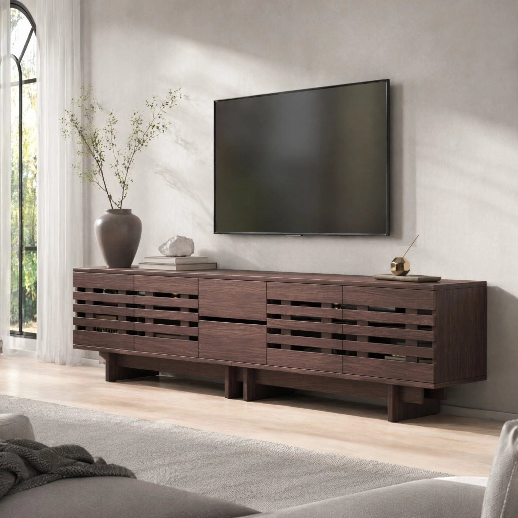 Mobile TV moderno 200 cm in legno noce con 4 ante e 2 cassetti
