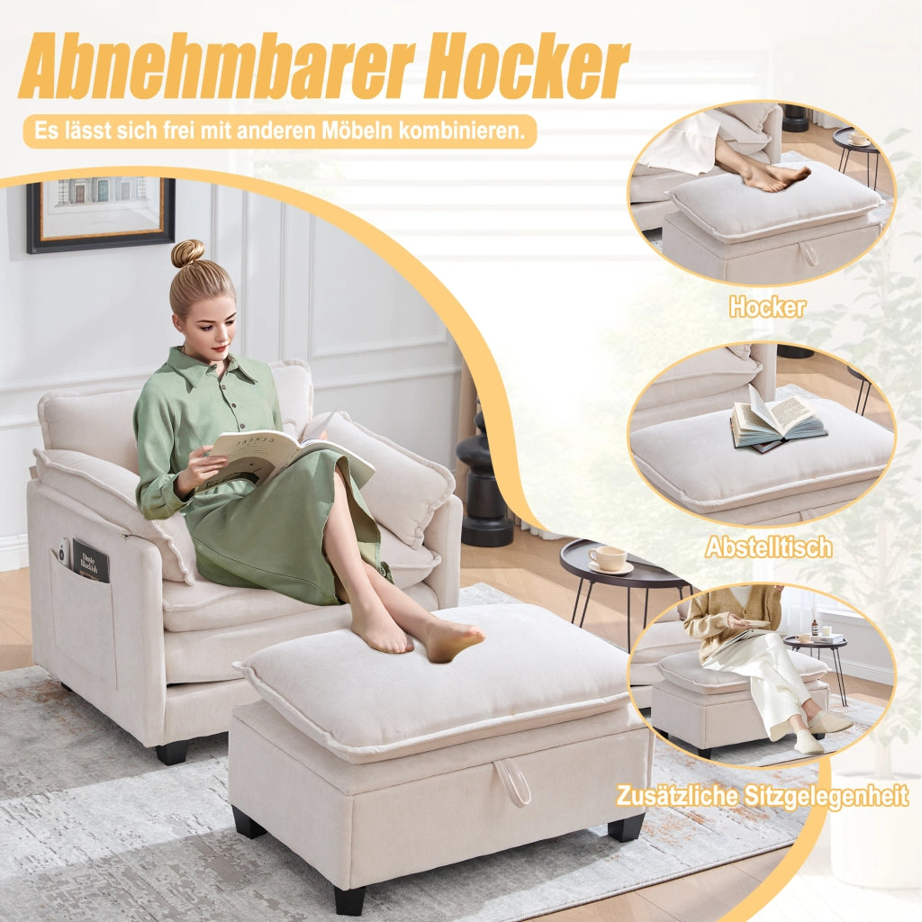 OKWISH Poltrona con Poggiapiedi, Seduta Ampia con Vano Contenitore e Tasca Laterale, Schienale Imbottito, Ciniglia Beige