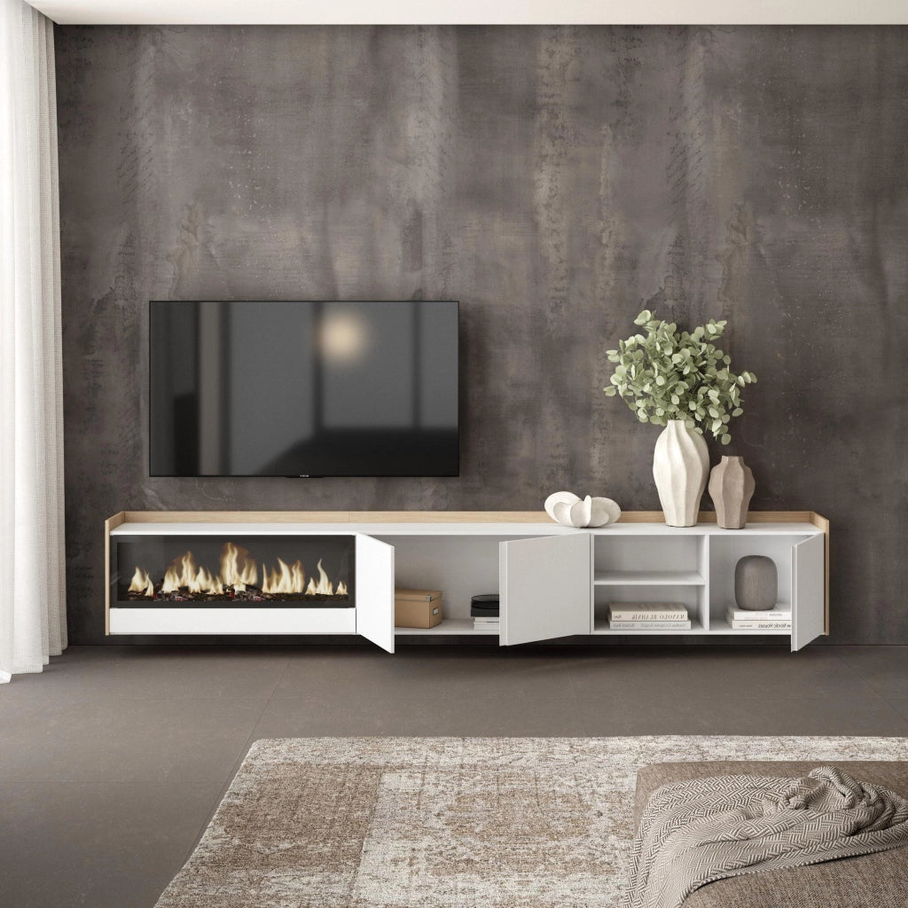 Mobile TV Soggiorno, 315x50x35 cm, Per TV fino a 80", Camino elettrico XXL, Sospeso, da appendere, Bianco e Rovere soft