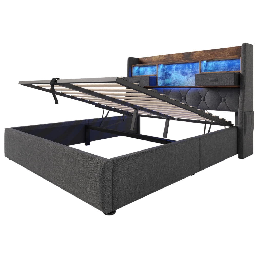 Letto matrimoniale imbottito 160x200 cm in lino grigio con contenitore; LED e presa USB/Type-C; con materasso
