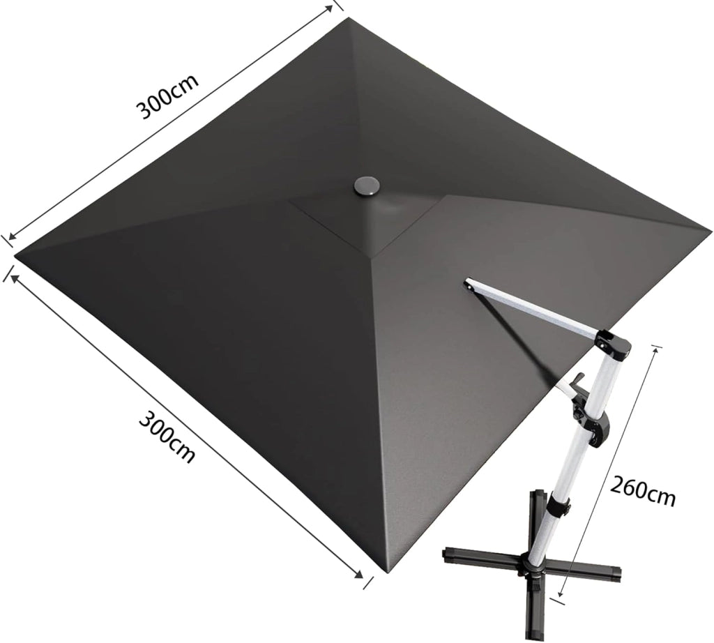 Ombrellone da balcone, in alluminio, con copertura, impermeabile, con manovella, protezione solare UV50+, rotazione di 360°, Tettoia monostrato grigio, 3 * 3M