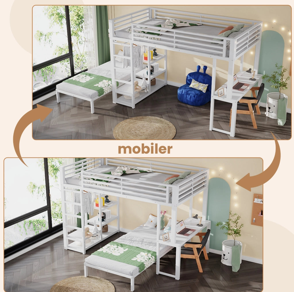 Letto a soppalco 90x200 cm con scrivania e scaffali, bianco