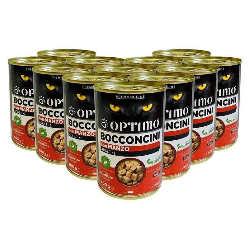OPTIMO SET 12 BOCCONCINI PER GATTO AL GUSTO DI MANZO DA 400 GR