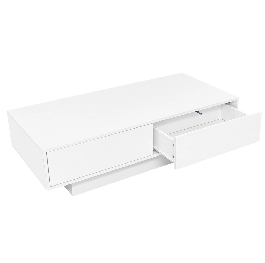 Tavolino da caffè moderno bianco lucido 115 x 55 x 34 cm con 2 cassetti e LED