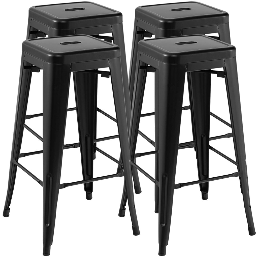 Set di 4 sgabelli da bar alti 76cm con poggiapiedi piedini in gomma, Sgabelli impilabili per cucina bar Nero-Sgabelli da bar