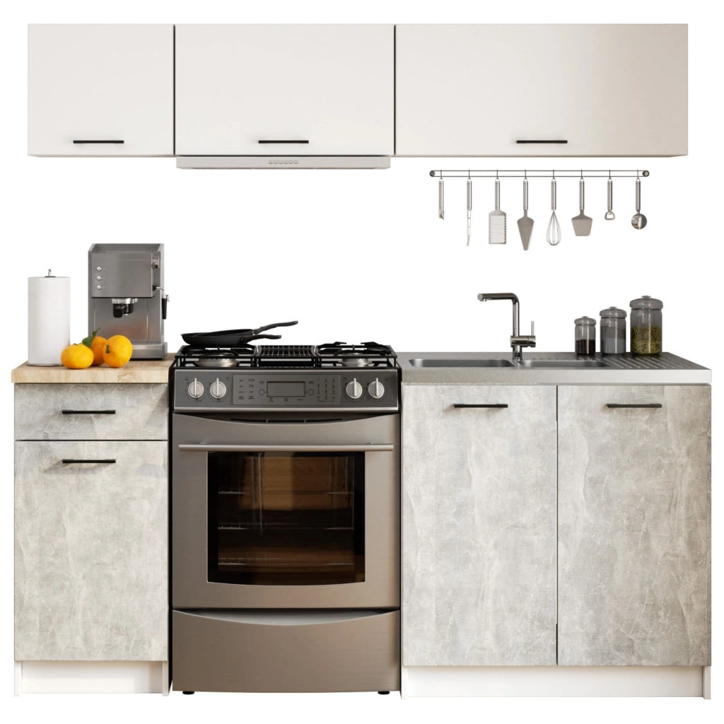 AKORD Set di Mobili da Cucina OLIWIA G1 180 cm Bianco 180 cm 6 ante 1 cassetto inserto frontale Cemento 180x46x174 cm