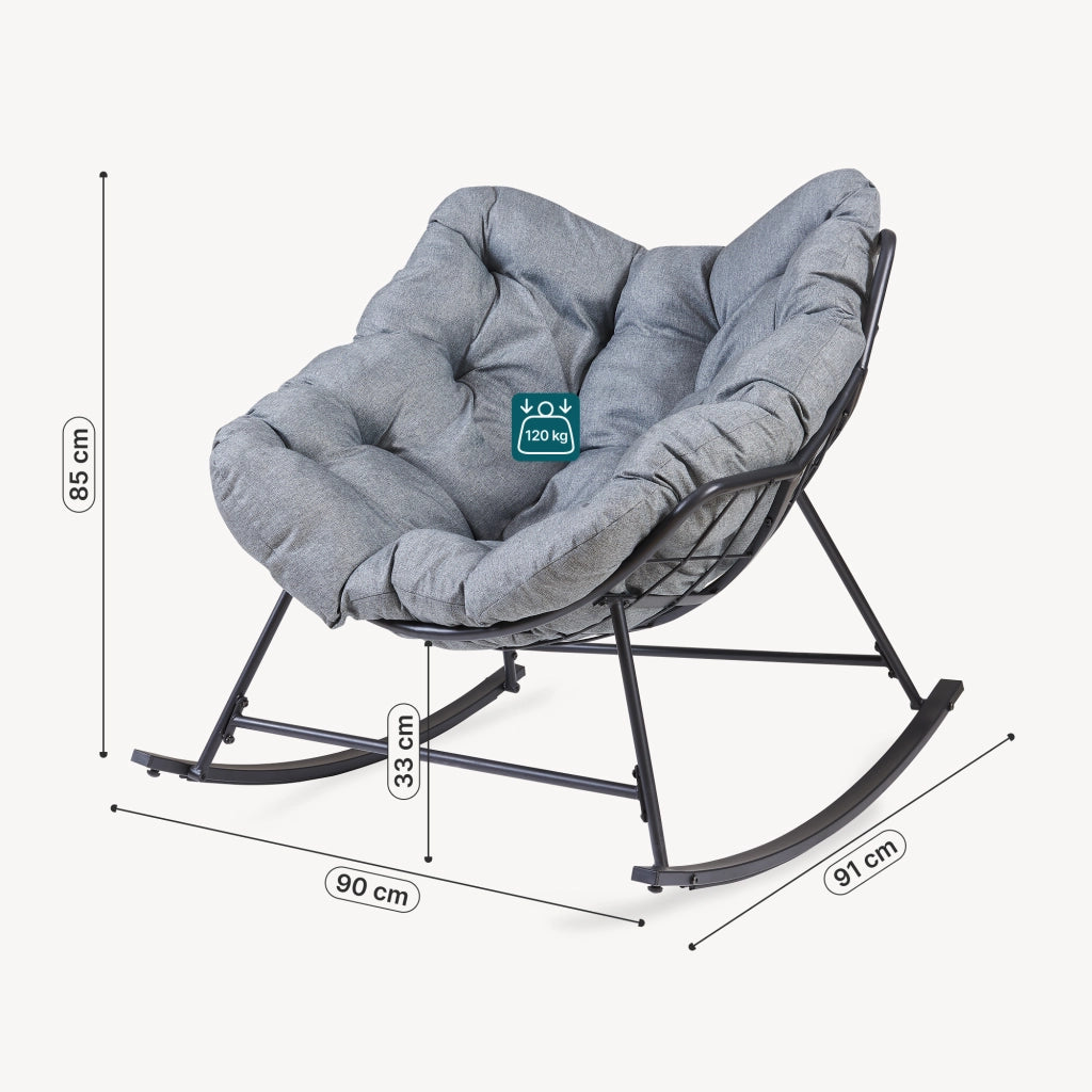 Sedia a Dondolo Villeneuve da Giardino con Cuscino Imbottito 85 x 90 x 91 cm - Nero / Grigio [en.casa]