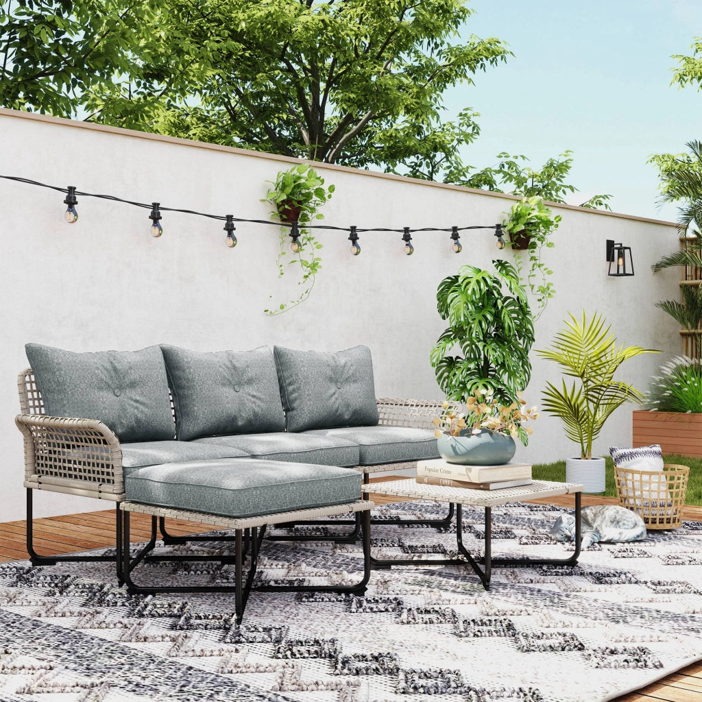Set da Giardino 5 Pezzi in Rattan con 2 Sedie Laterali, Sedia Centrale e 2 Sgabelli/Tavolini da Caff¨¨