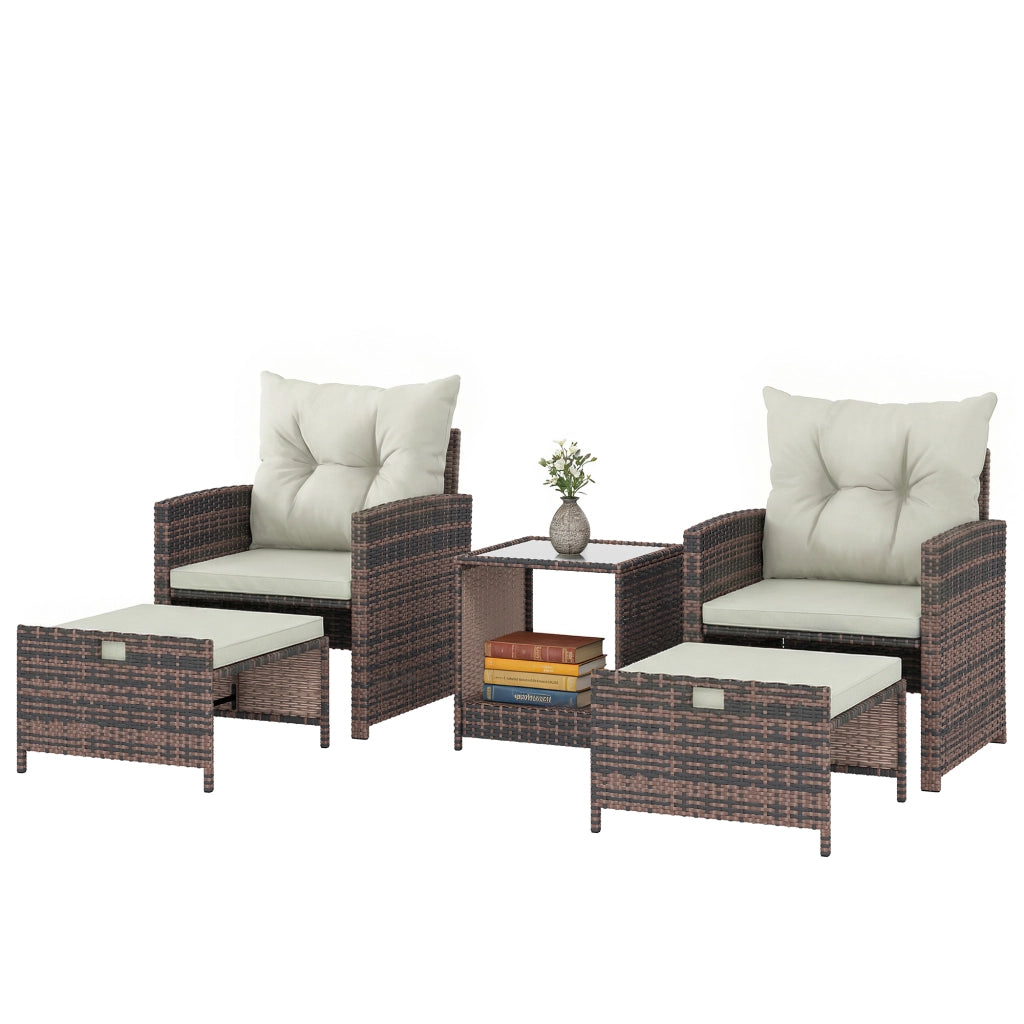 Set Giardino in PolyRattan e Acciaio 5 Pezzi con 2 Sedie, 2 Pouf e Tavolino da Caff¨¨ ¨C ZephMum ¨C Marrone e Crema