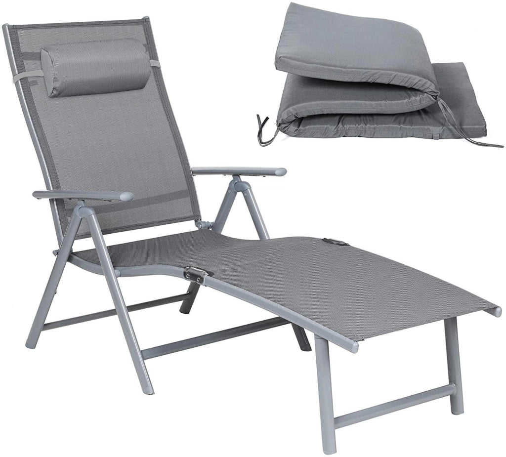 Lettino prendisole con materasso spesso 6 cm poggiatesta removibile in alluminio traspirante e antiruggine reclinabile portata max 150 kg grigio 12_0000203