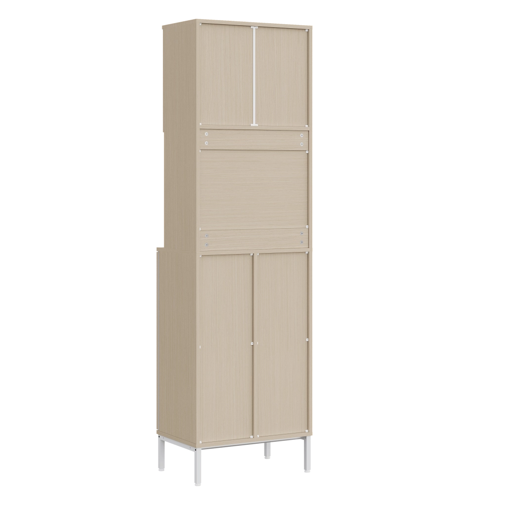 Dispensa alta con vano rifiuti e vano microonde, ripiani regolabili per cucina, in MDF bianco e legno, 53 × 35 × 181 cm