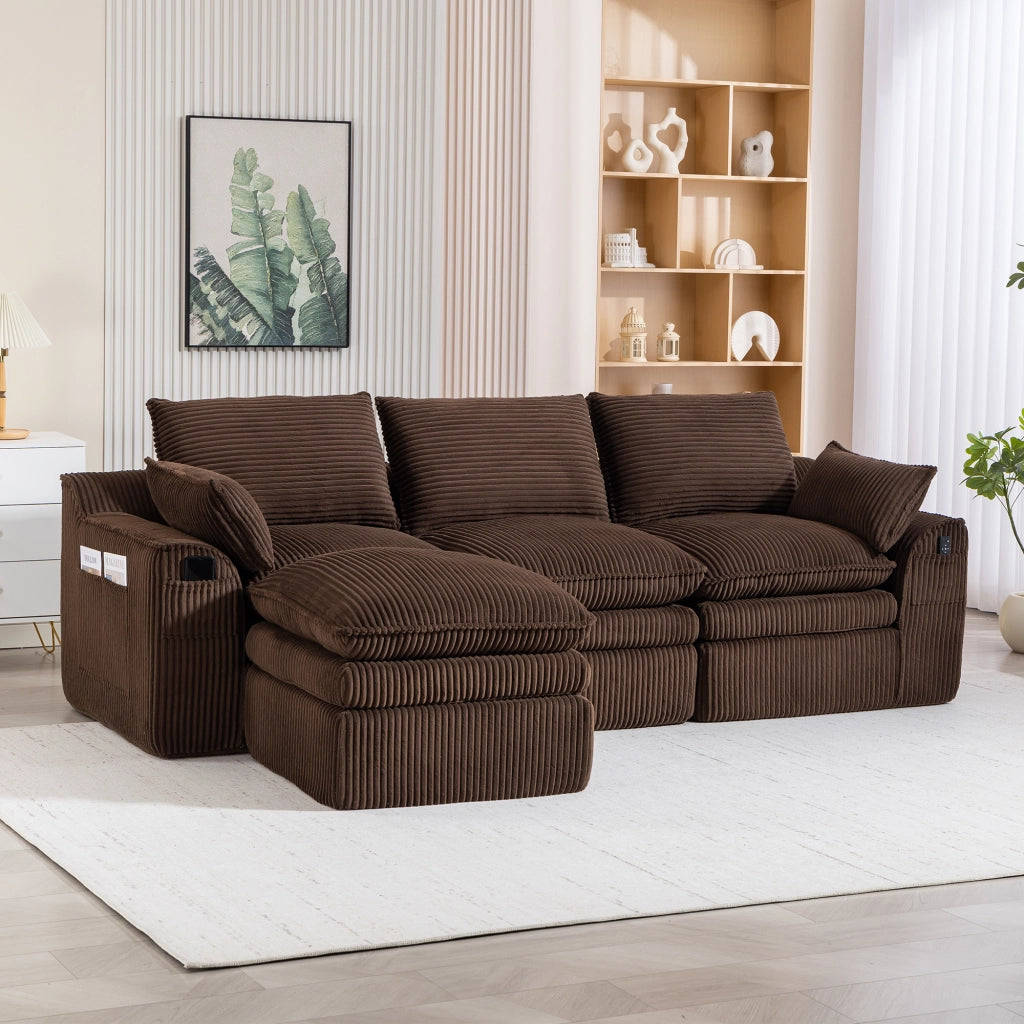Divano modulare 3 posti con pouf, tasche laterali e cuscini, in velluto a coste con schiuma a 3 strati marrone