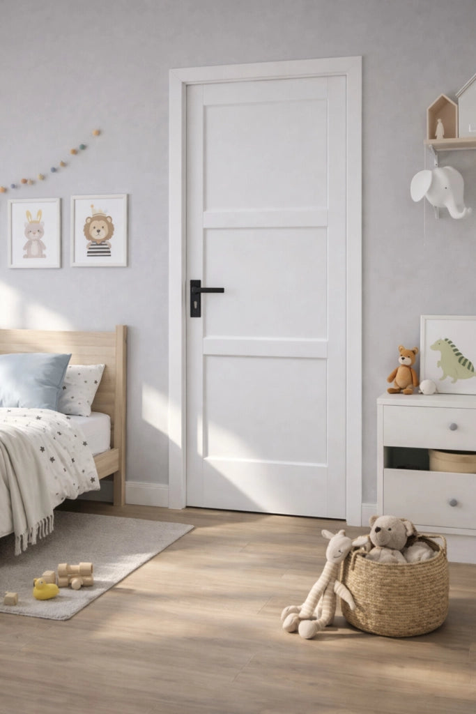Blocco Porta Korya Bianco 3 Pannelli H204 x L83 Pannello Nervature Spingendo Destra + Maniglia