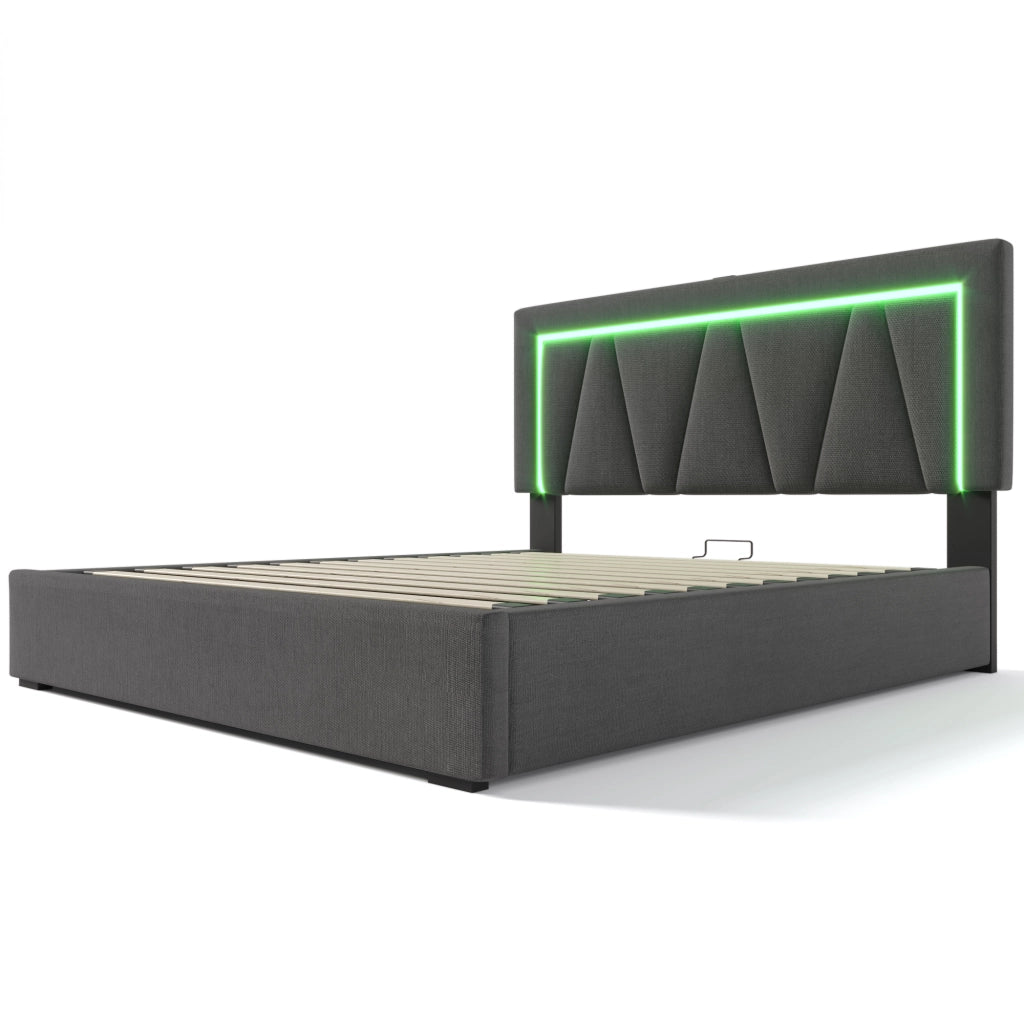 Letto imbottito con luci LED porta USB 160x200 cm lino grigio