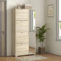 Scarpiera con Specchio per 16 Paia di Scarpe, 4 Cassetti a Ribalta e 2 Armadietti, 82x30x168cm, Rovere