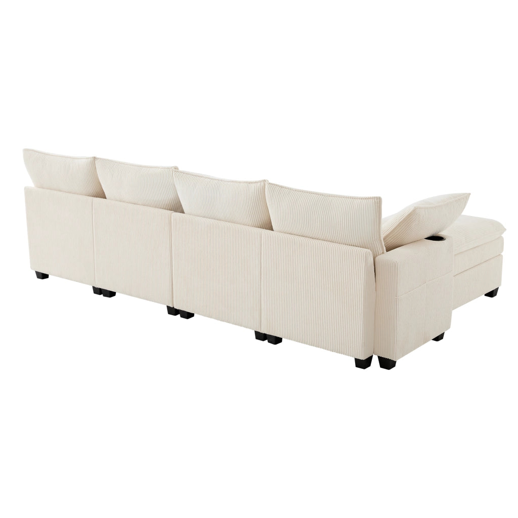 Divano Angolare Modulare con Poggiapiedi ¨C MINIMAL ¨C Tessuto a Coste, Contenitore, Beige