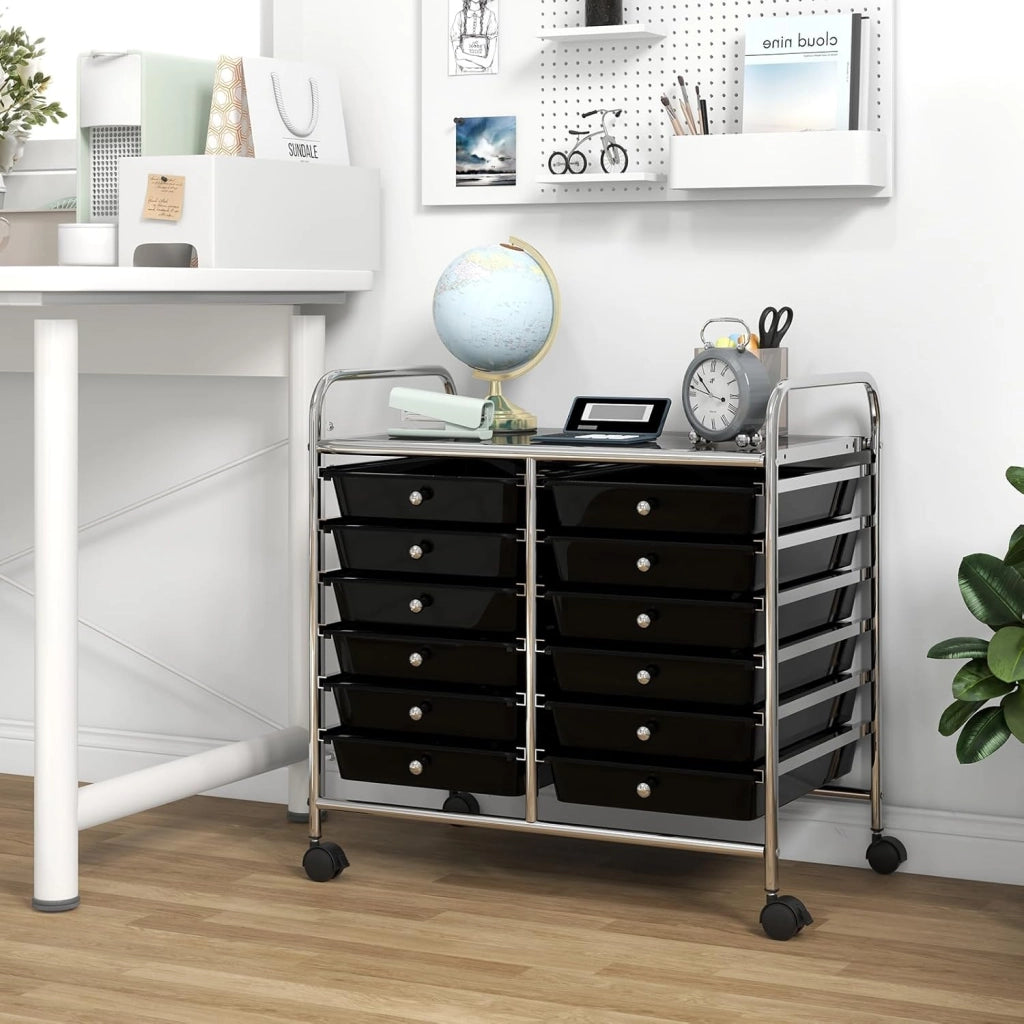 Carrello di Stoccaggio con 12 Cassetti, Carrello portaoggetti con 4 Ruote, Carrello Multiuso per Scuola Ufficio Cucina, 64 x 38 x 62 cm (12 cassetti Nero)
