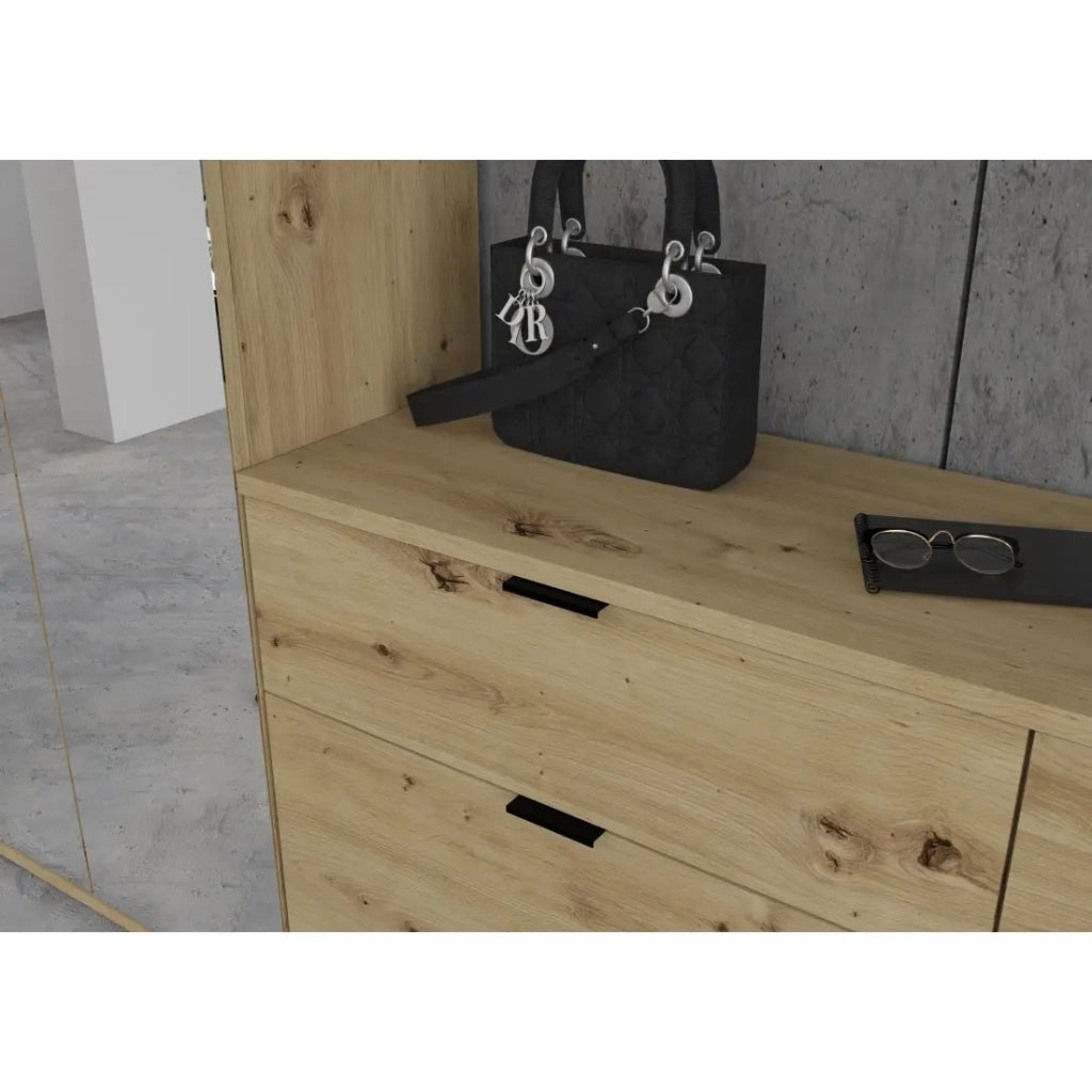 Armadio con 10 ante con specchi + guardaroba + 4 cassetti - Rovere chiaro - BODITE
