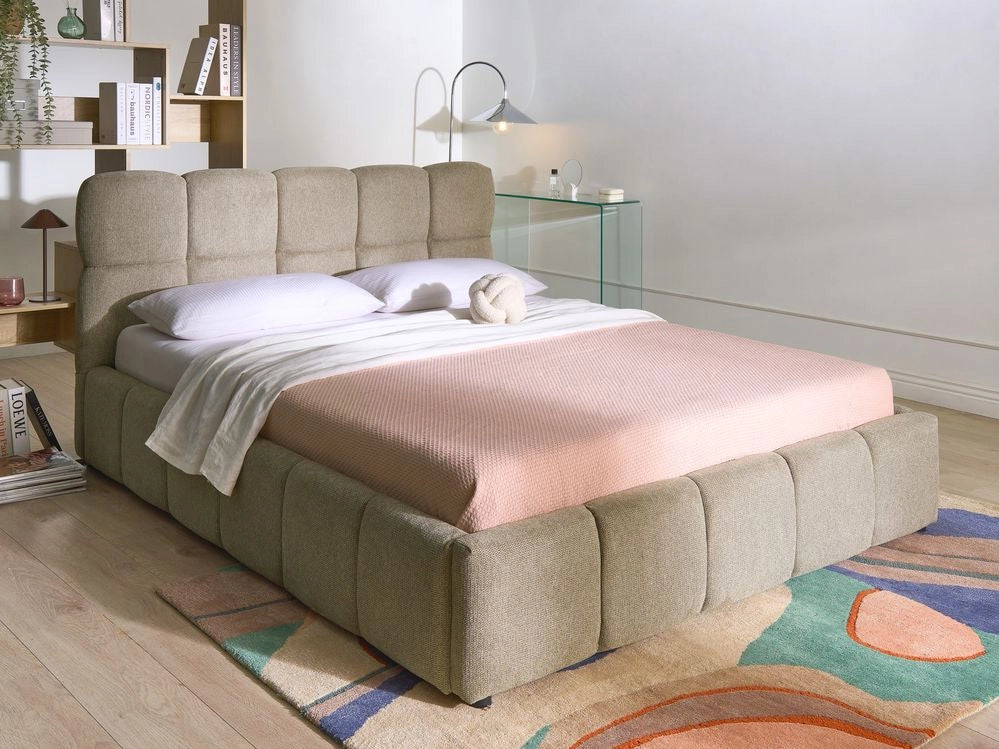 Letto matrimoniale imbottito con struttura a molle a sollevamento trapuntata 160 x 200 tortora con contenitore a molle sollevabile