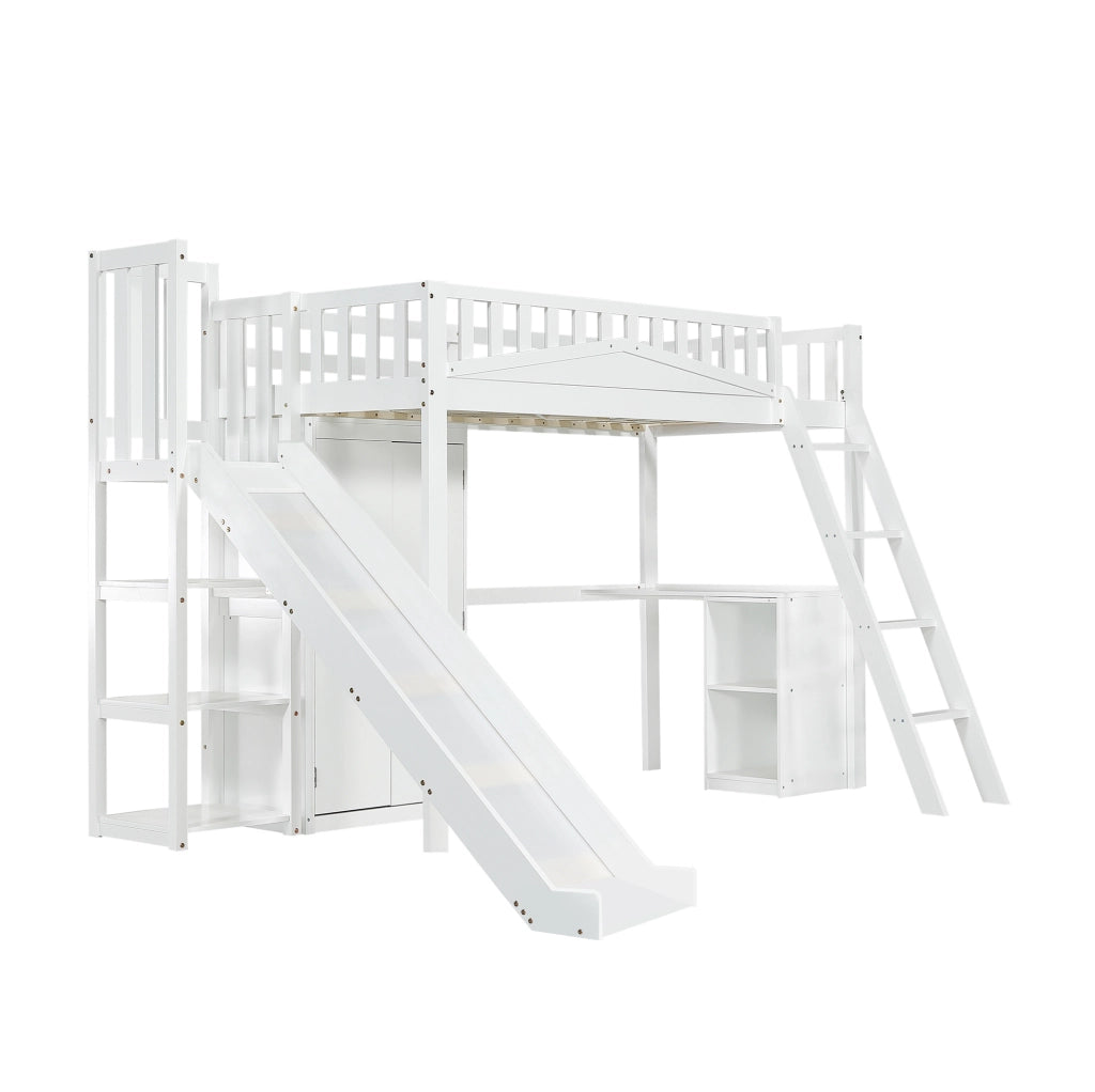 Letto a soppalco ULEVR 90x200 cm con scivolo, scrivania, armadio e ripiani, bianco