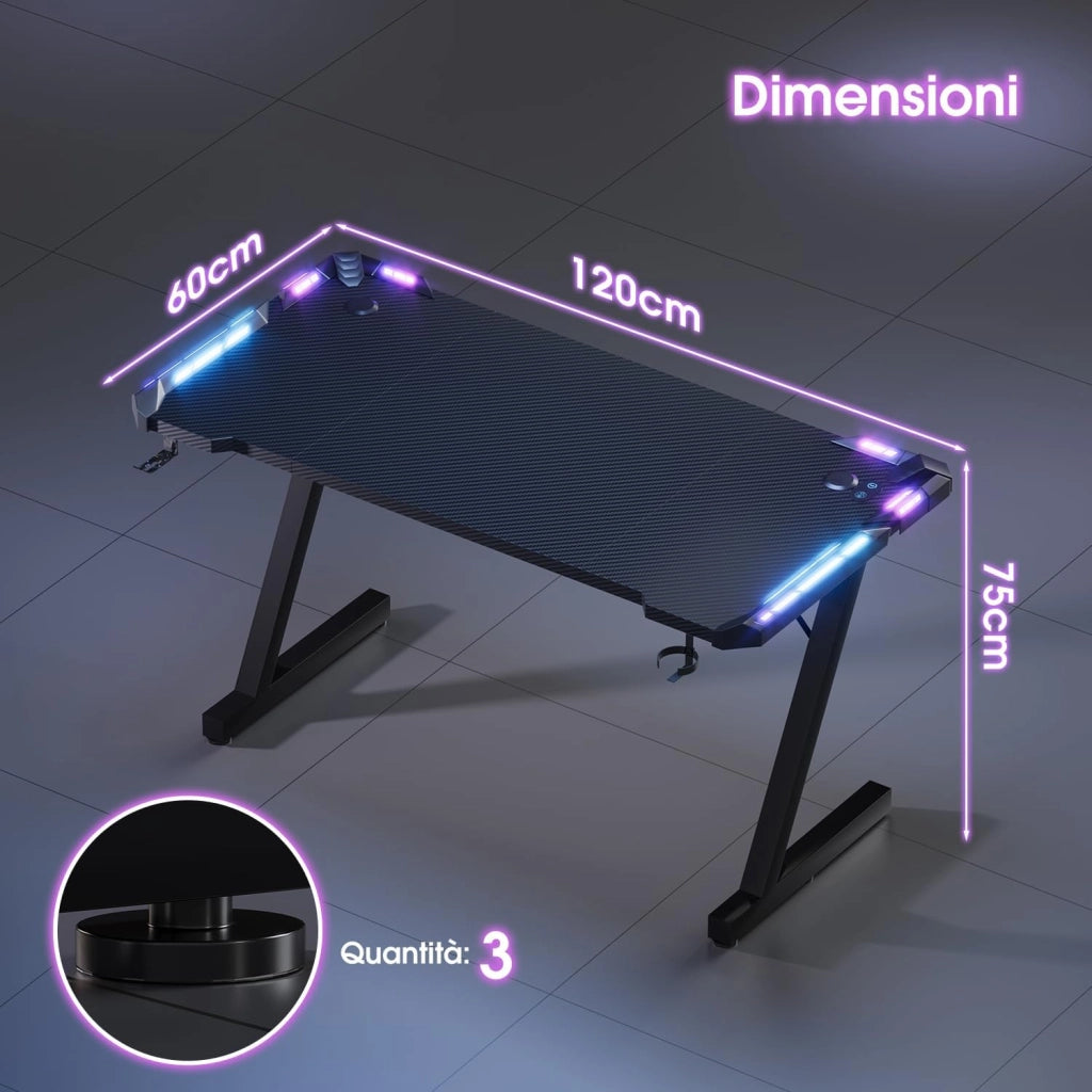 120 x 60cm Scrivania Gaming LED, Tavolo Gaming Ergonomica, Scrivania per Computer con Porta Bicchiere e Ganci per Cuffie, Postazione con Piano del Tavolo in Fibra di Carbonio, Nero