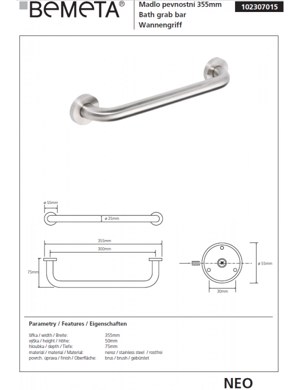 NEO Maniglione doccia in acciaio inox 35,5x7x5,5cm