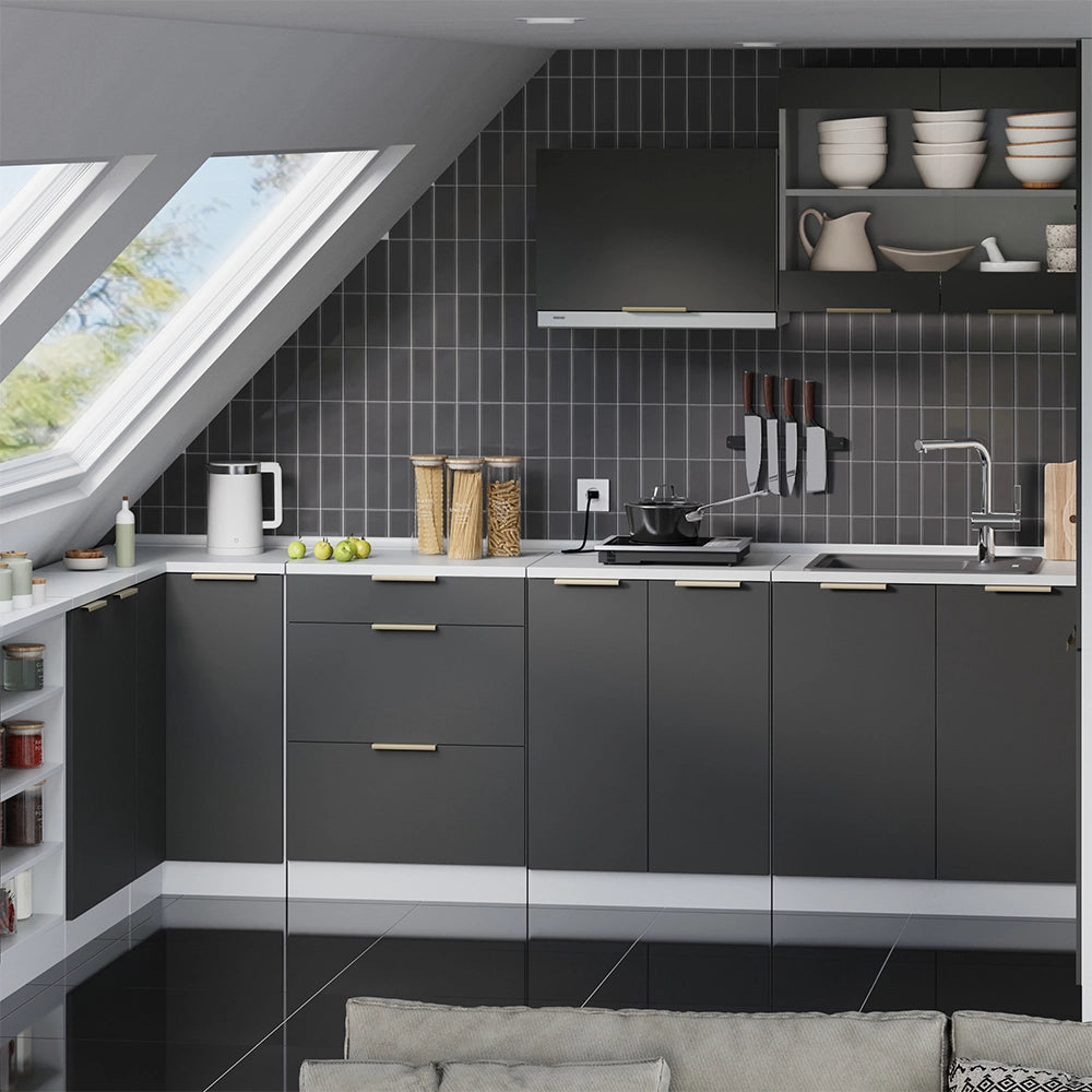 Mobile cucina sottotetto R-Line Antracite-oro/Bianco 80 cm senza inclinazione con 2 ante Vicco