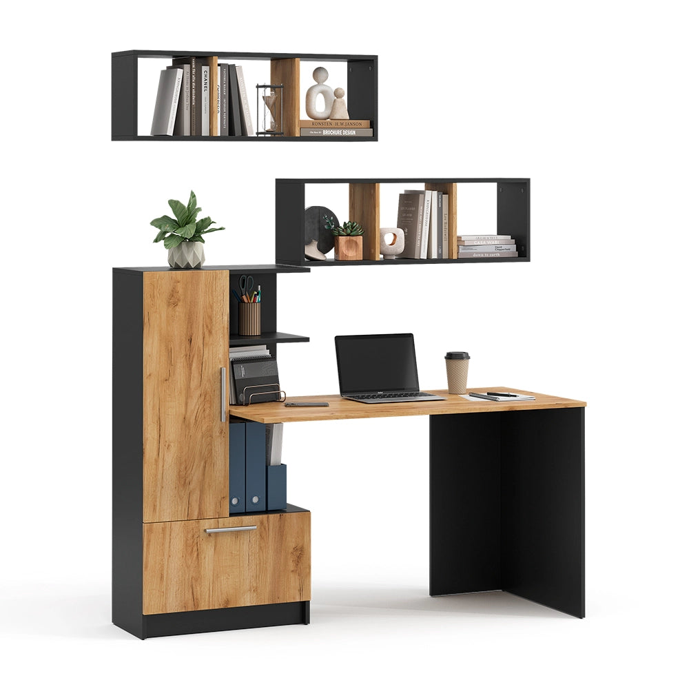 Set scrivania Tomy Antracite/Rovere dorato 150 x 59 cm Set di 3 come 2 ripiani + scrivania Vicco