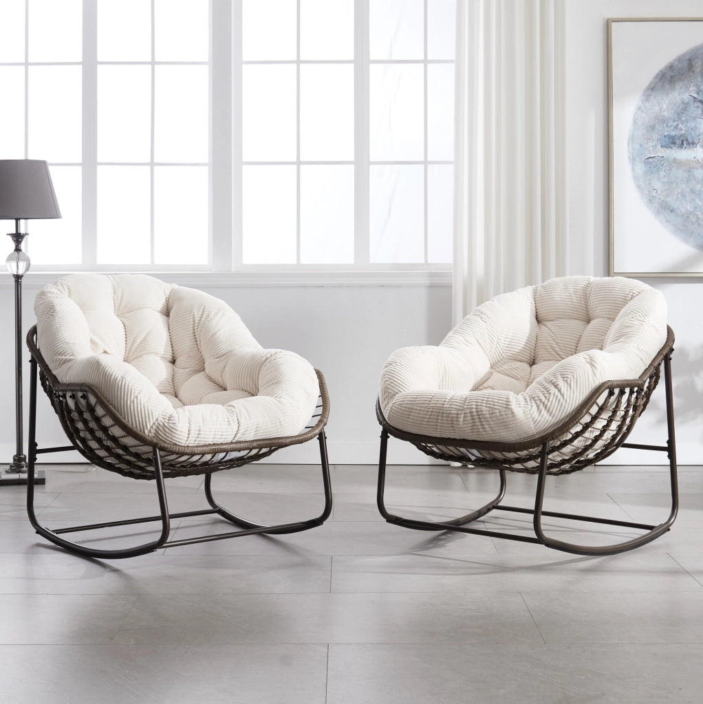 Sedia a dondolo in rattan sintetico intrecciato a mano 78x106x90 cm; bianca
