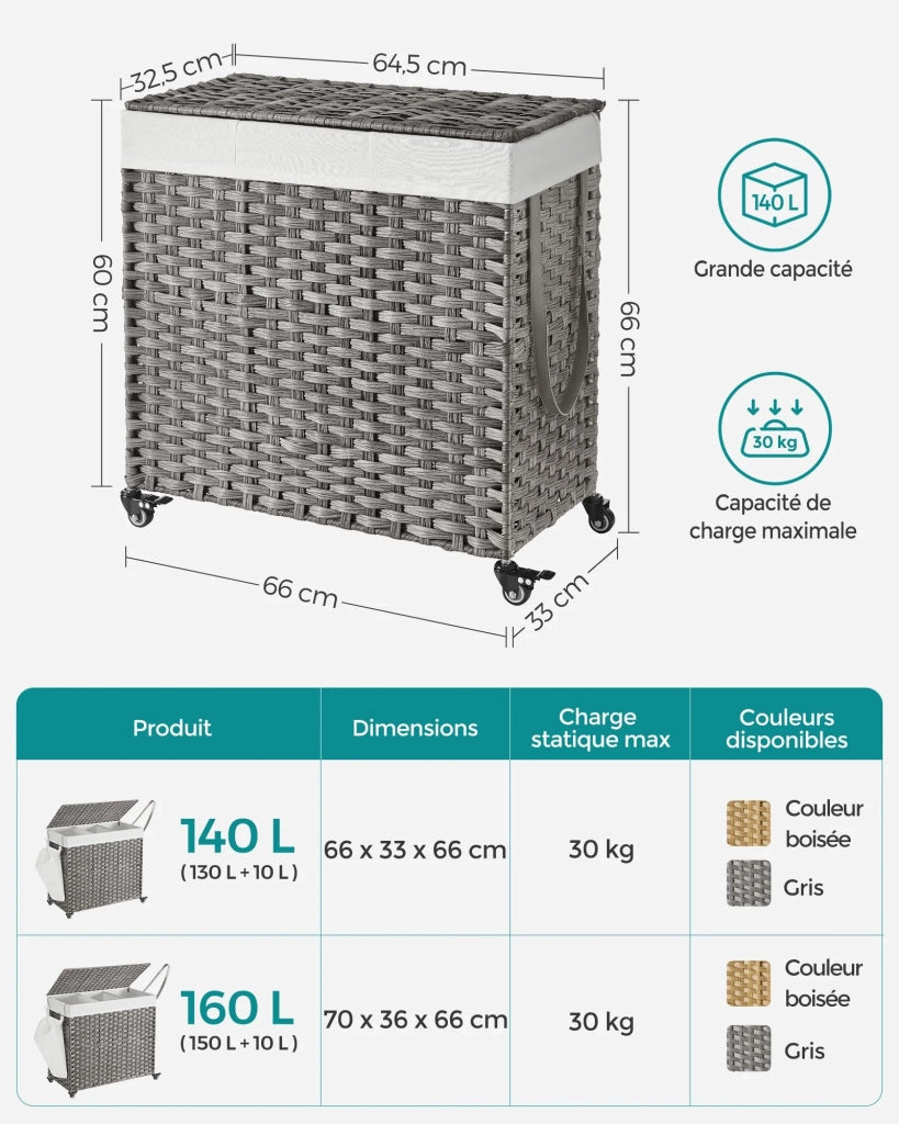 Cesto portabiancheria intrecciato a mano 140 litri imitazione rattan 3 scomparti sacco rimovibile coperchio manici facile da montare soggiorno bagno 66 x 33 x 60 cm grigio 12_0006777