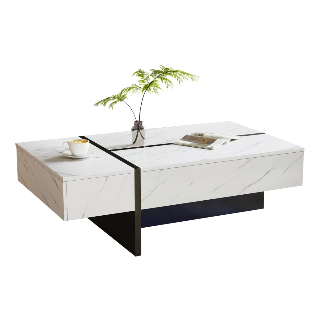 TAVOLO da caffè con LED, 105x60x35 cm, bianco, 3 cassetti